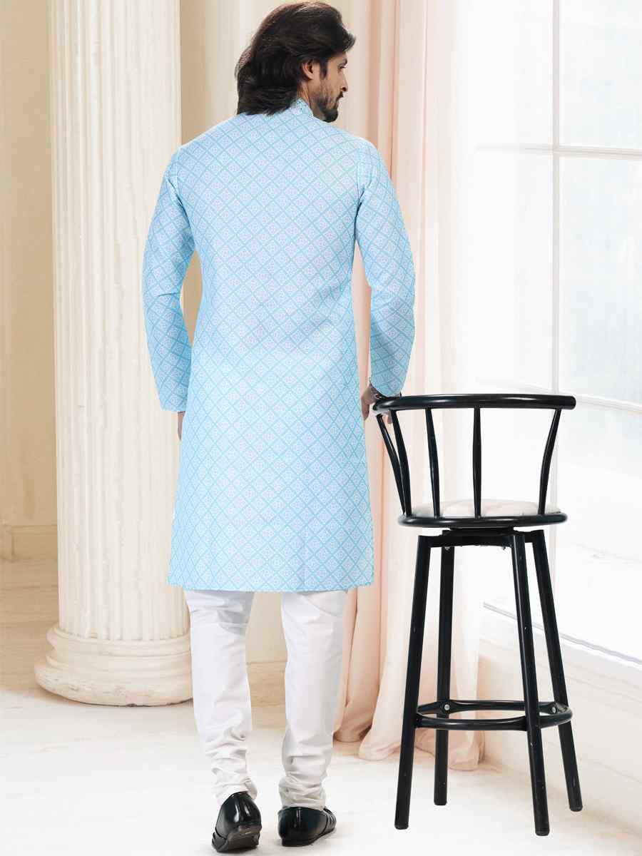 Blue Cotton Woven Festival Party Kurta