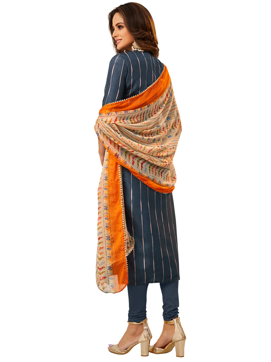 Blue Crape Printed Party Churidar Pant Kameez