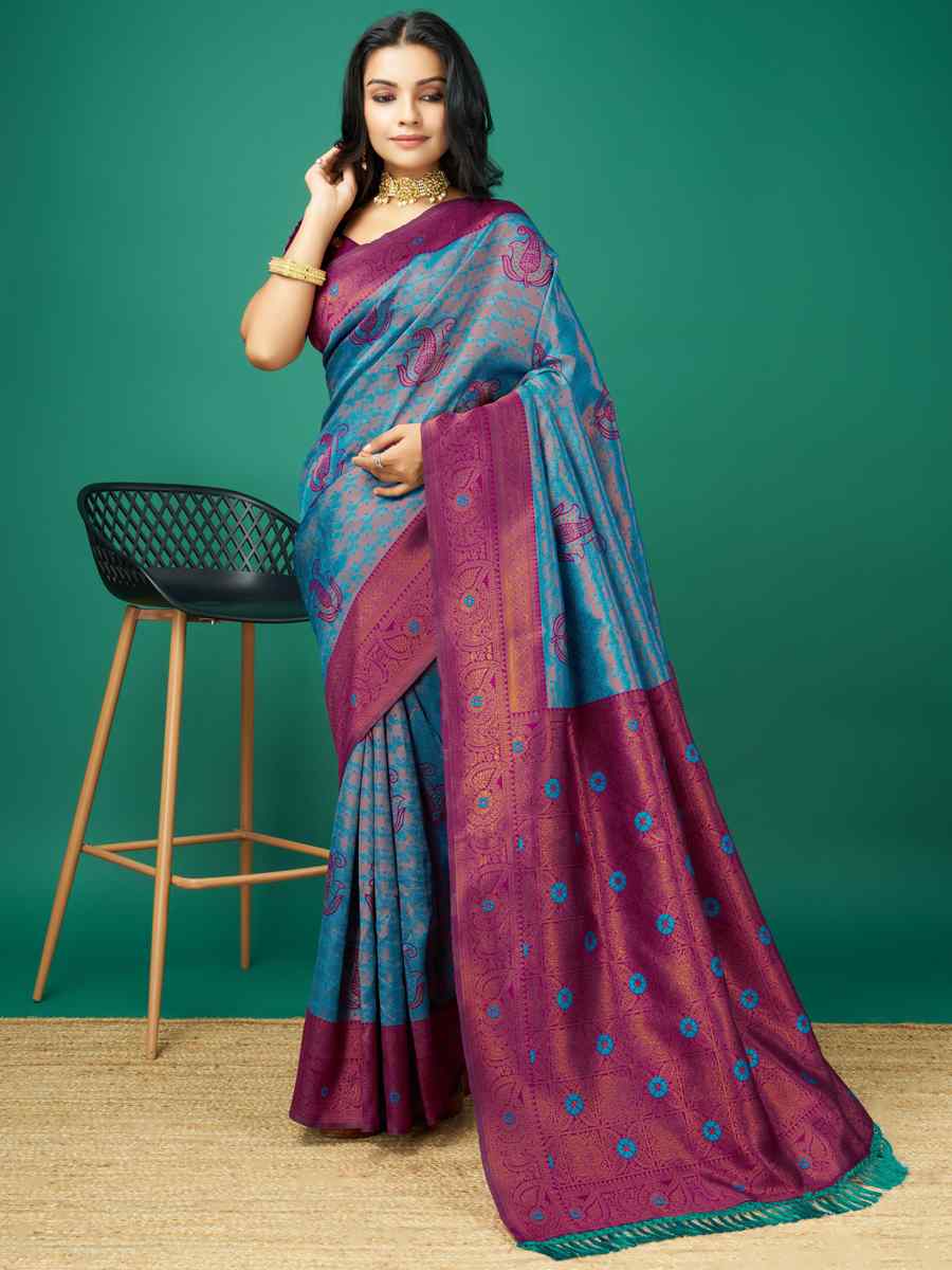 Blue Cream Soft Silk Handwoven Festival Casual Heavy Border Saree