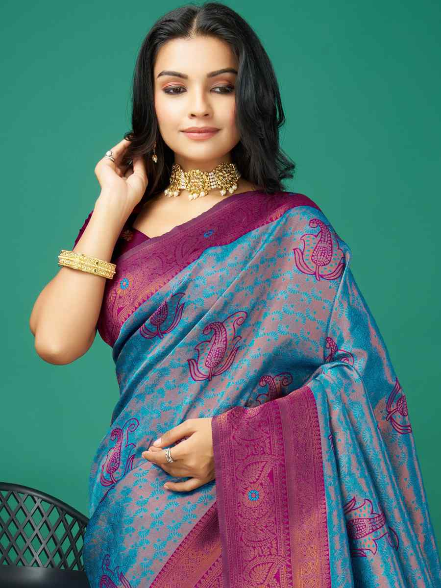 Blue Cream Soft Silk Handwoven Festival Casual Heavy Border Saree