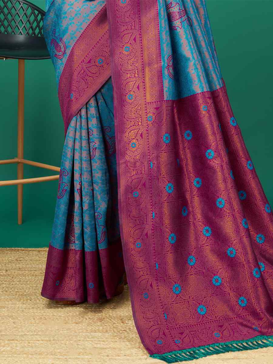 Blue Cream Soft Silk Handwoven Festival Casual Heavy Border Saree