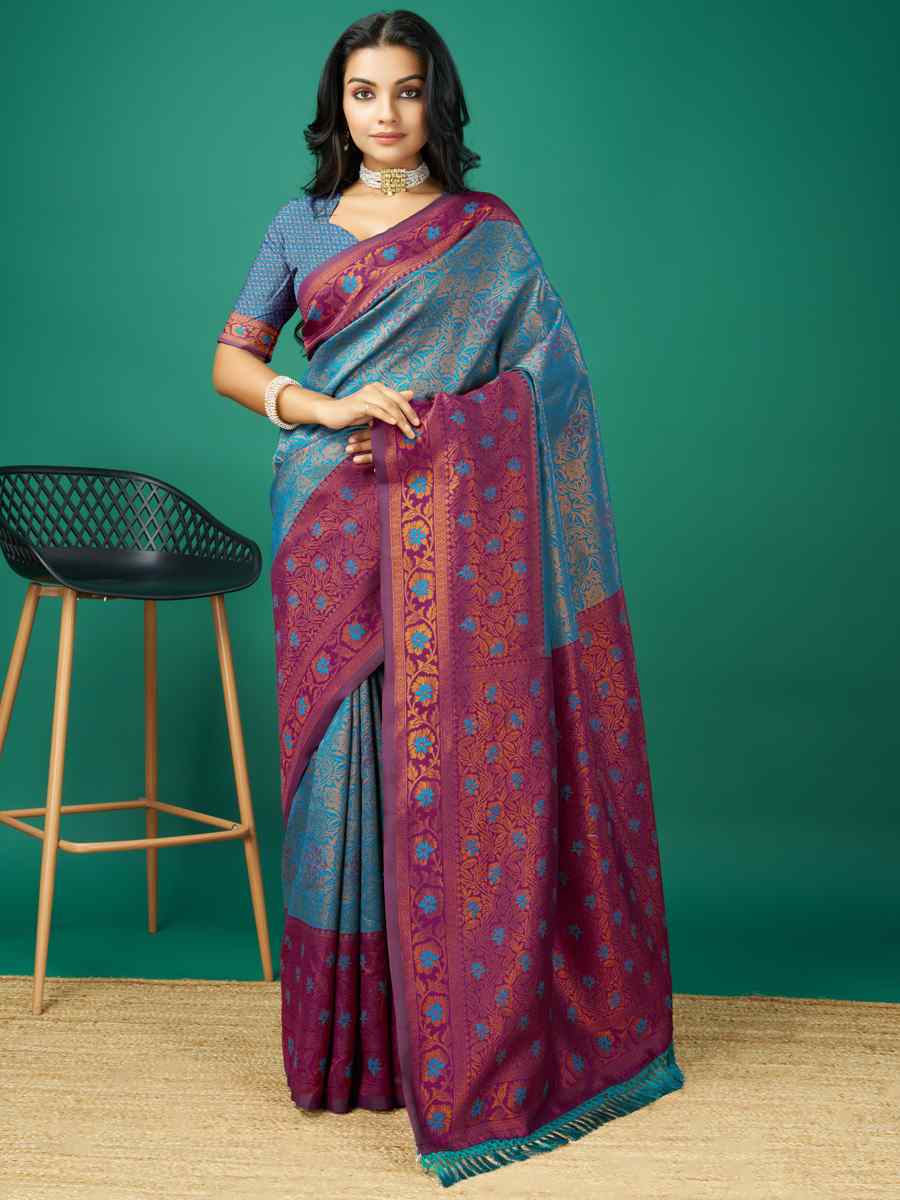 Blue Cream Soft Silk Handwoven Festival Casual Heavy Border Saree