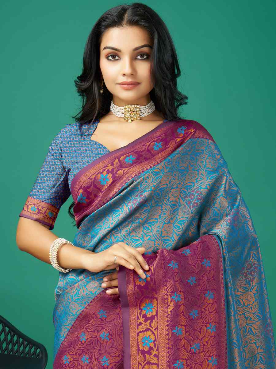 Blue Cream Soft Silk Handwoven Festival Casual Heavy Border Saree
