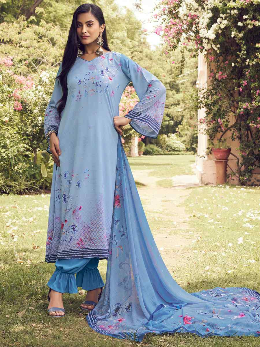 Blue Crepe Printed Festival Casual Pant Salwar Kameez
