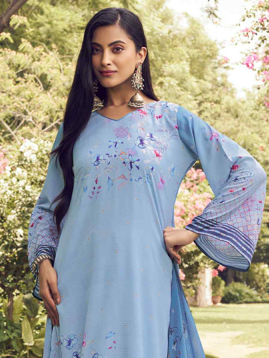 Blue Crepe Printed Festival Casual Pant Salwar Kameez