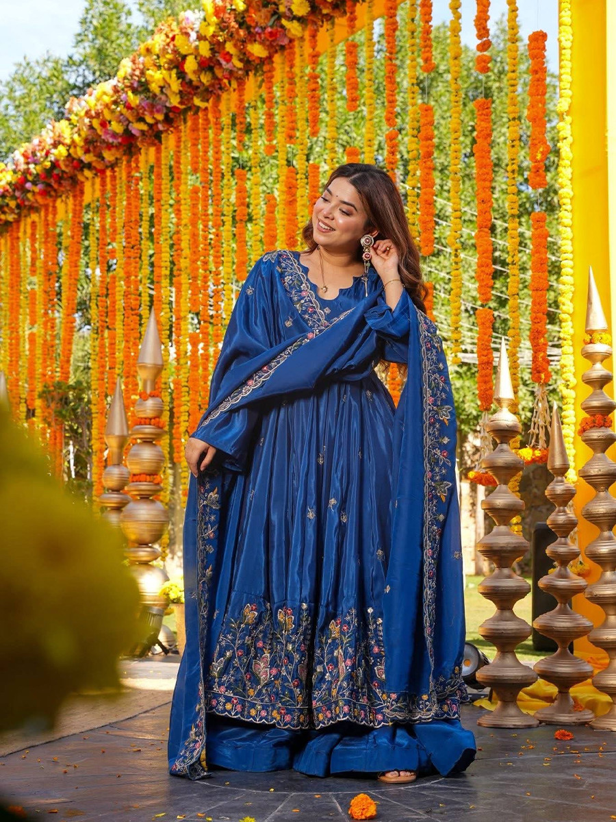 Blue Crepe Silk Embroidery Sequins Party Wedding Festival Casual Ready Anarkali Palazzo Pant Salwar Kameez