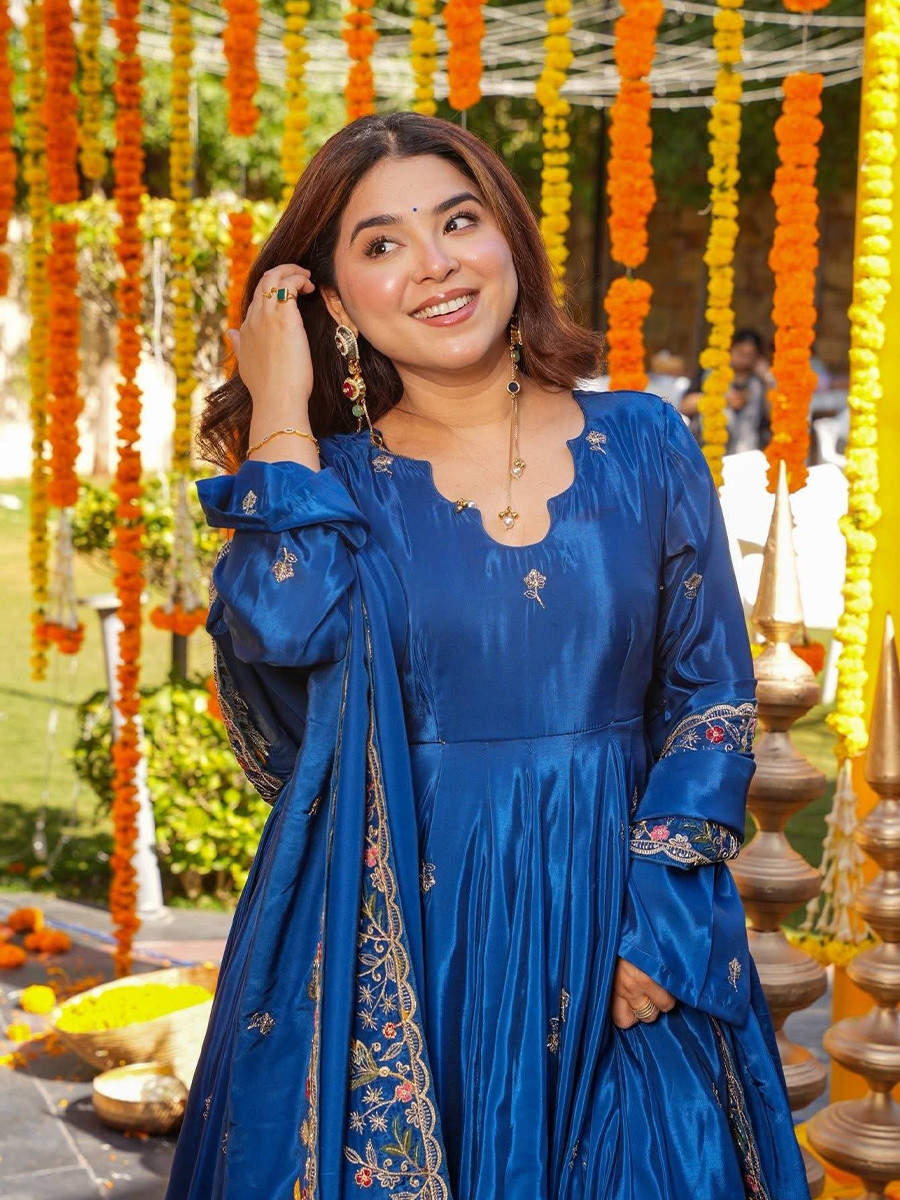 Blue Crepe Silk Embroidery Sequins Party Wedding Festival Casual Ready Anarkali Palazzo Pant Salwar Kameez