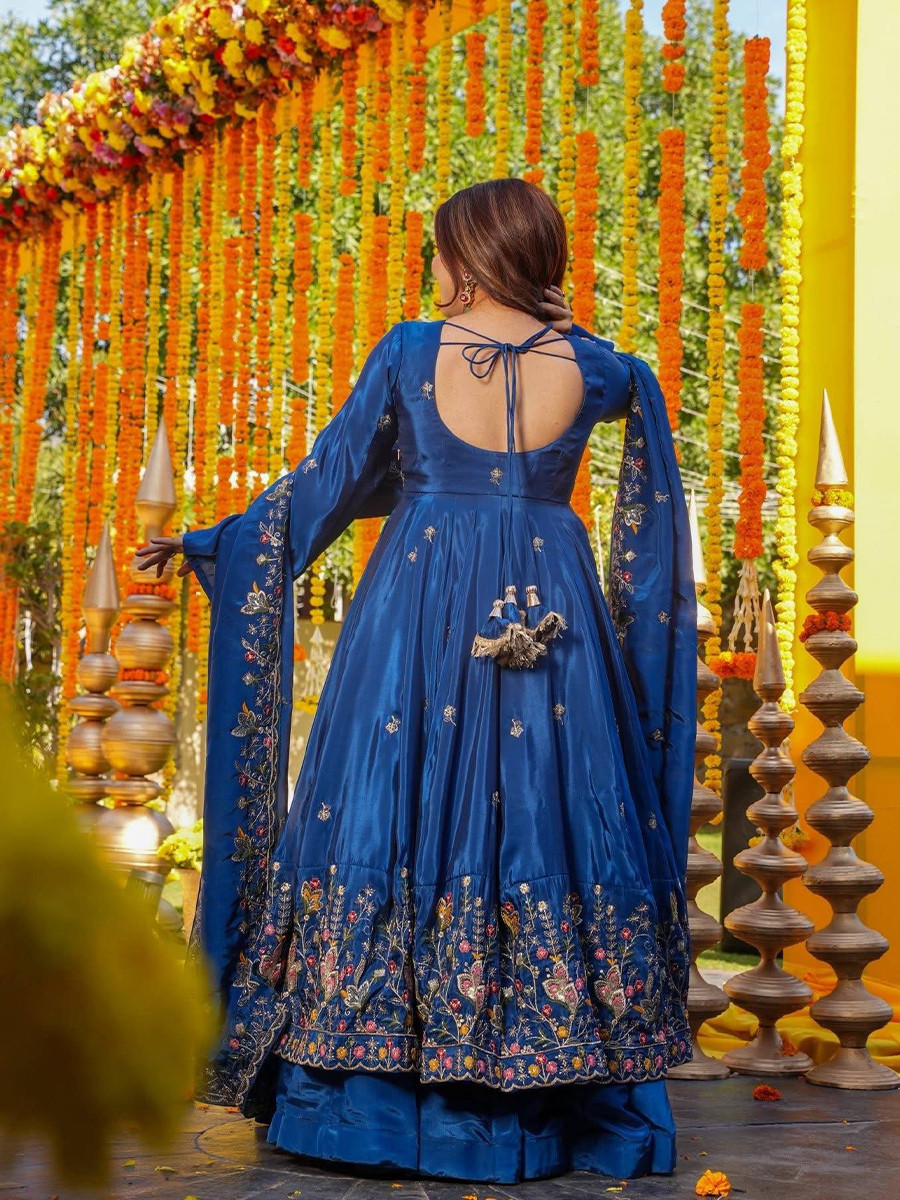 Blue Crepe Silk Embroidery Sequins Party Wedding Festival Casual Ready Anarkali Palazzo Pant Salwar Kameez