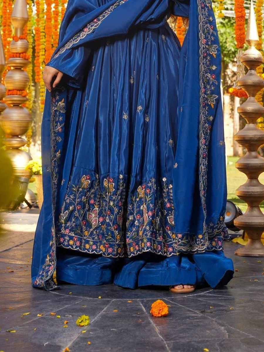Blue Crepe Silk Embroidery Sequins Party Wedding Festival Casual Ready Anarkali Palazzo Pant Salwar Kameez