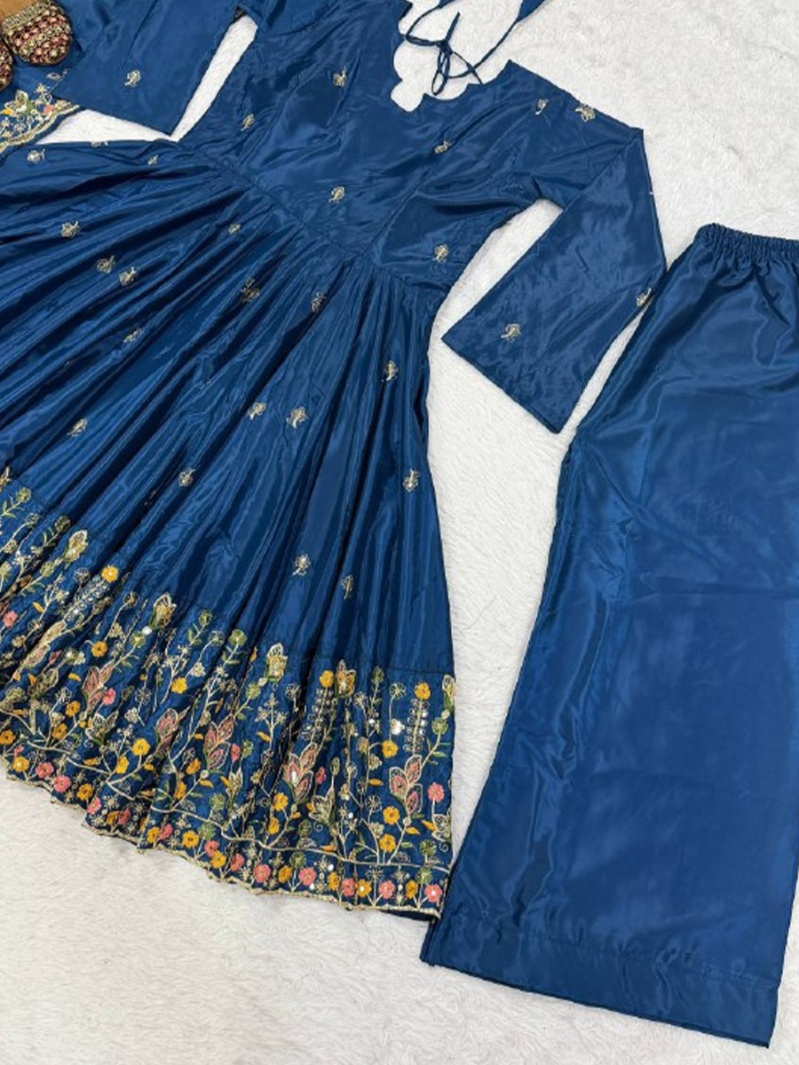 Blue Crepe Silk Embroidery Sequins Party Wedding Festival Casual Ready Anarkali Palazzo Pant Salwar Kameez