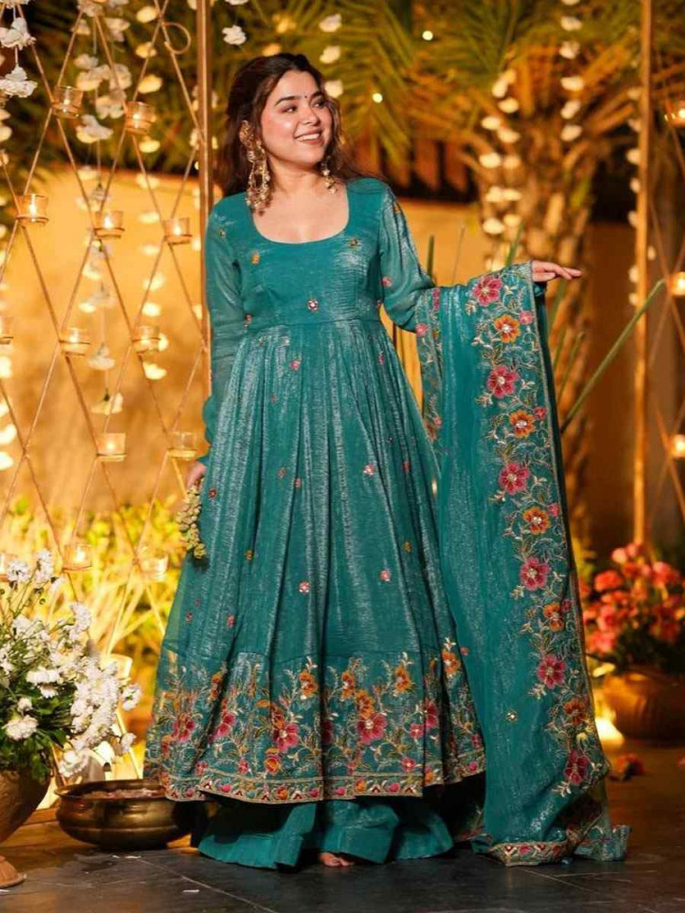 Image of Blue Crunchy Silk Embroidery Party Wedding Festival Casual Ready Anarkali Salwar Kameez