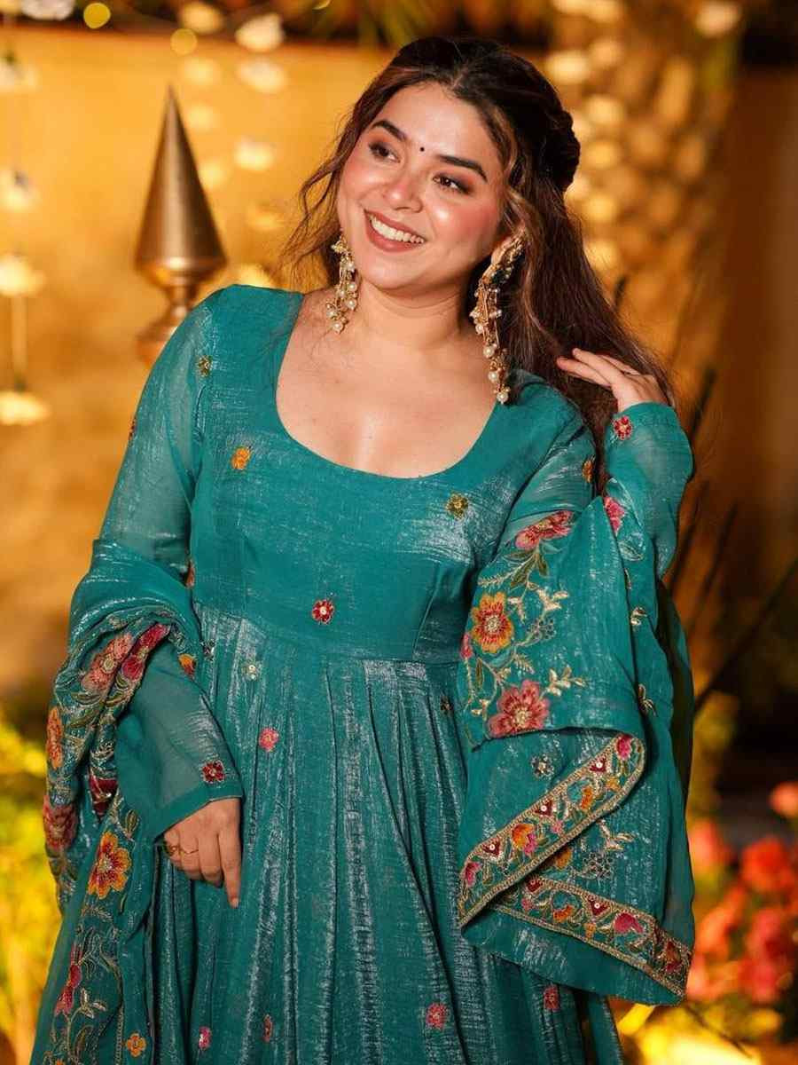 Blue Crunchy Silk Embroidery Party Wedding Festival Casual Ready Anarkali Salwar Kameez