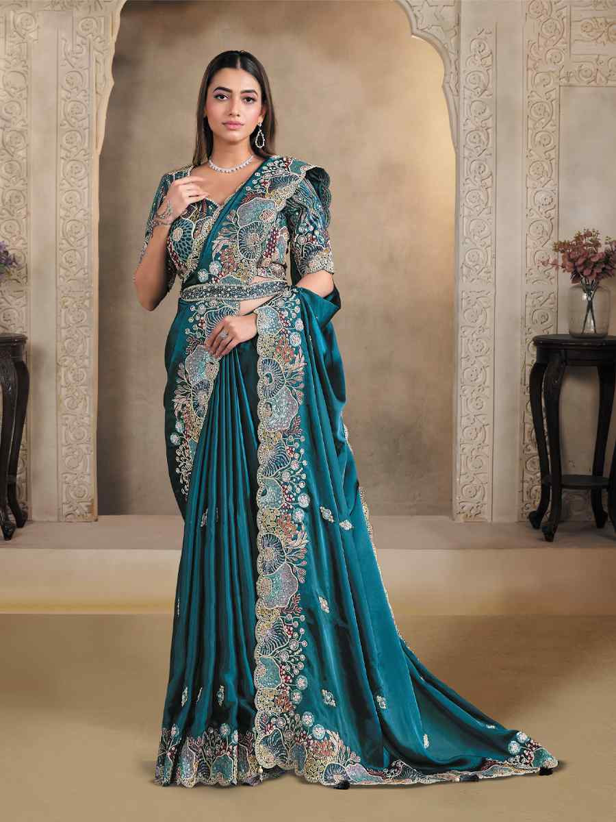Blue Crush Satin Silk Embroidery Traditional Bridal Reception Festival Wedding Fancy Heavy Border Saree