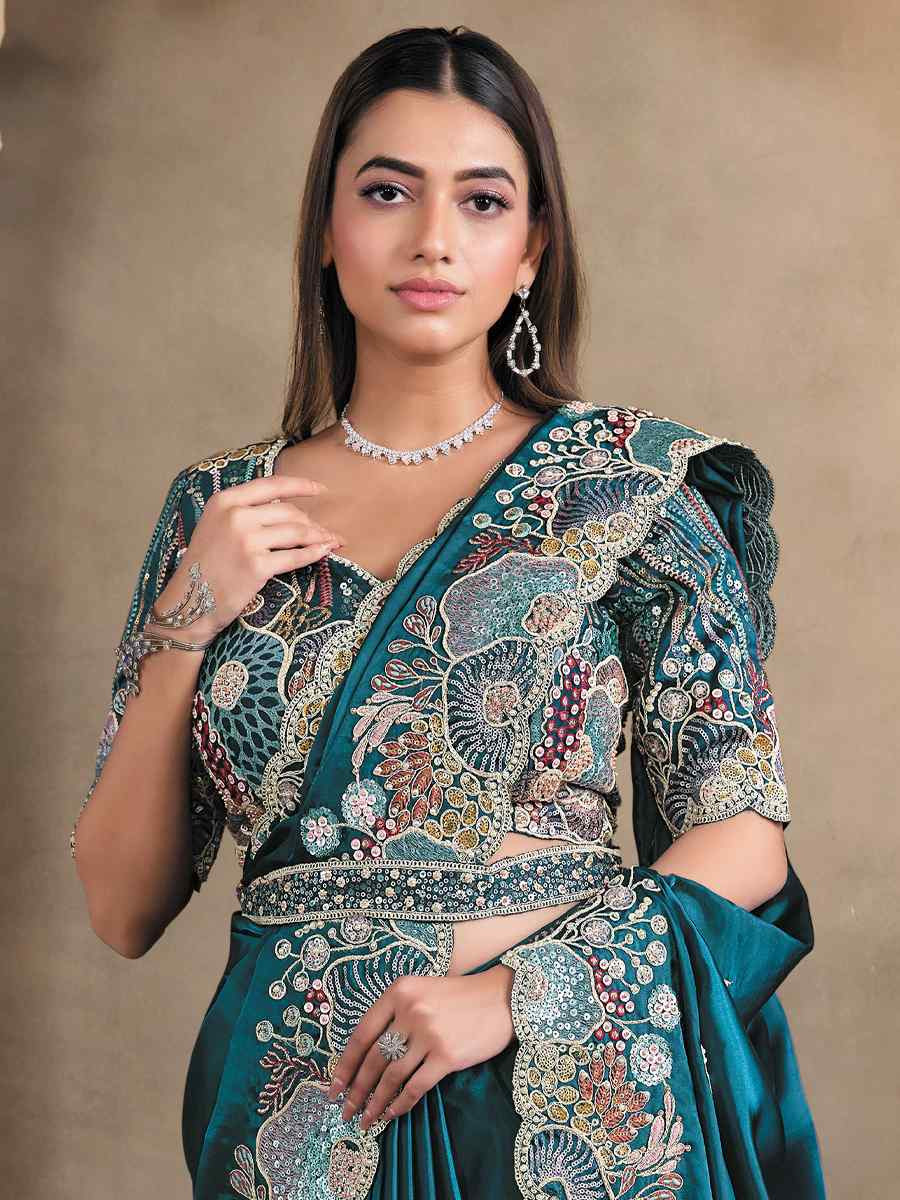 Blue Crush Satin Silk Embroidery Traditional Bridal Reception Festival Wedding Fancy Heavy Border Saree