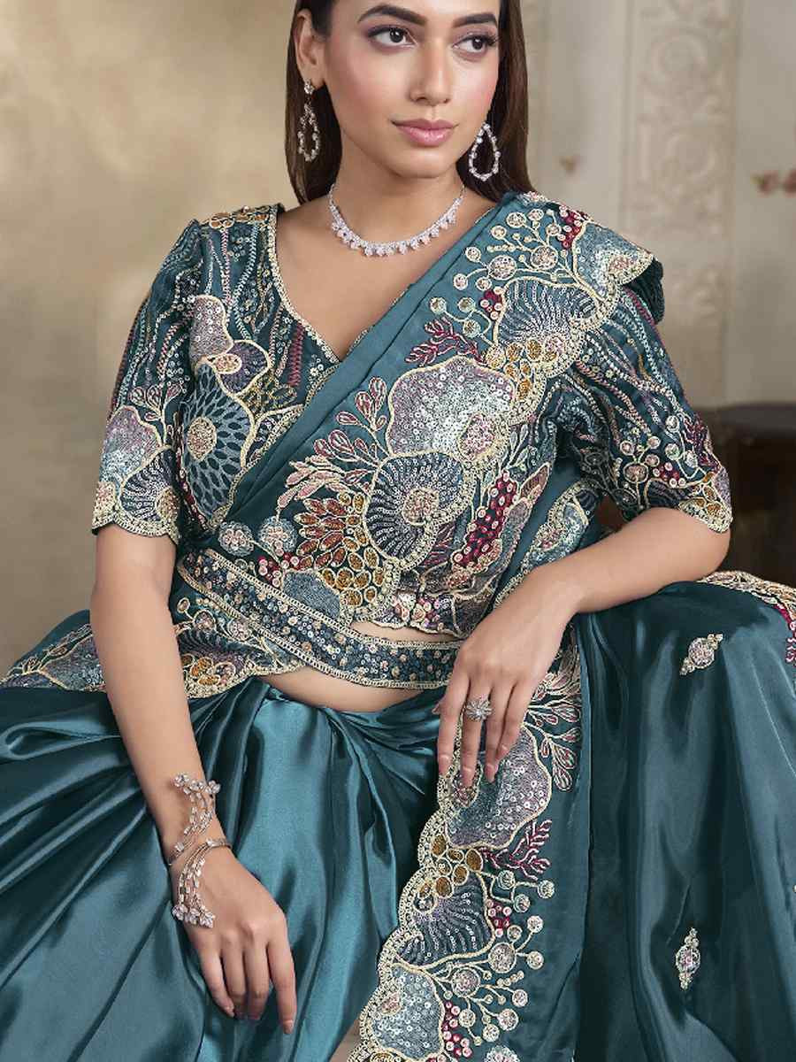 Blue Crush Satin Silk Embroidery Traditional Bridal Reception Festival Wedding Fancy Heavy Border Saree