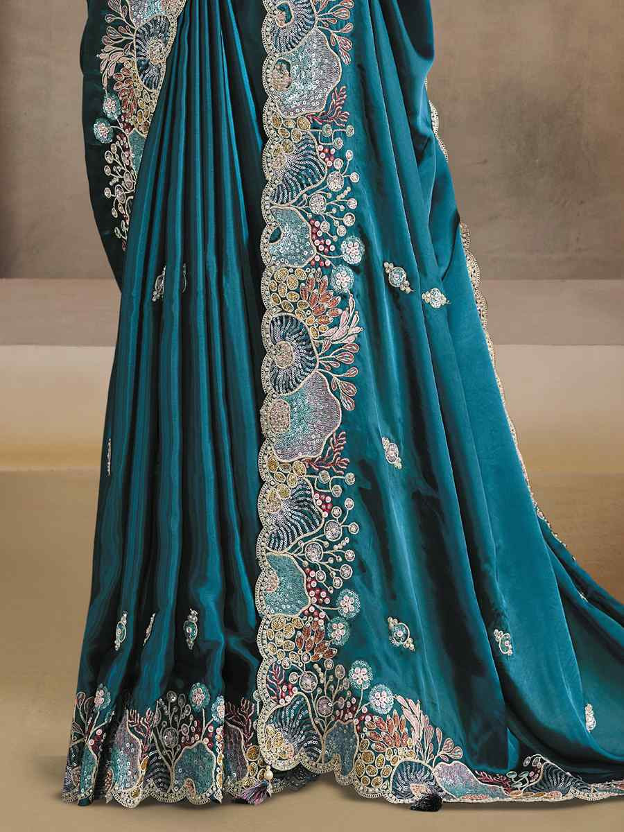 Blue Crush Satin Silk Embroidery Traditional Bridal Reception Festival Wedding Fancy Heavy Border Saree