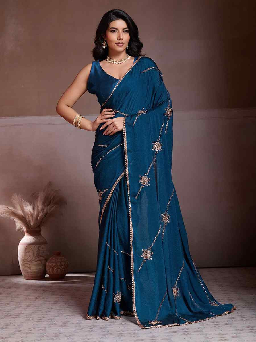 Blue Crush Silk Embroidery Casual Festival Wedding Party Fancy Classic Style Sarees