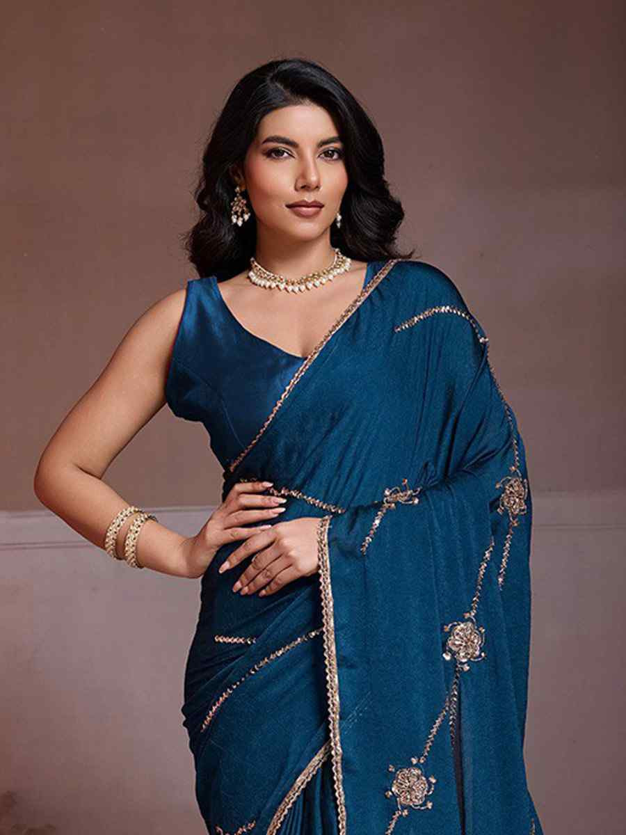 Blue Crush Silk Embroidery Casual Festival Wedding Party Fancy Classic Style Sarees