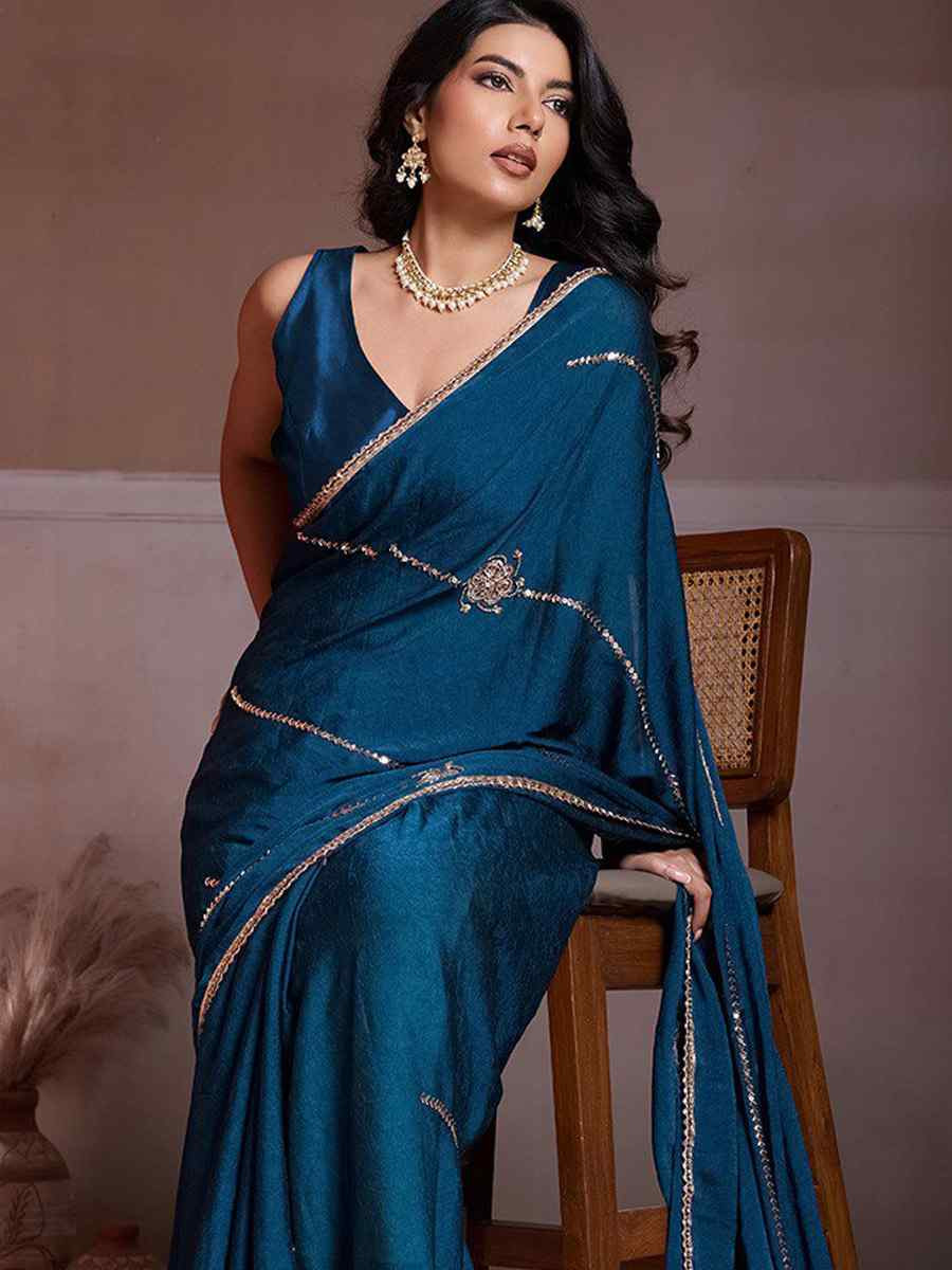 Blue Crush Silk Embroidery Casual Festival Wedding Party Fancy Classic Style Sarees