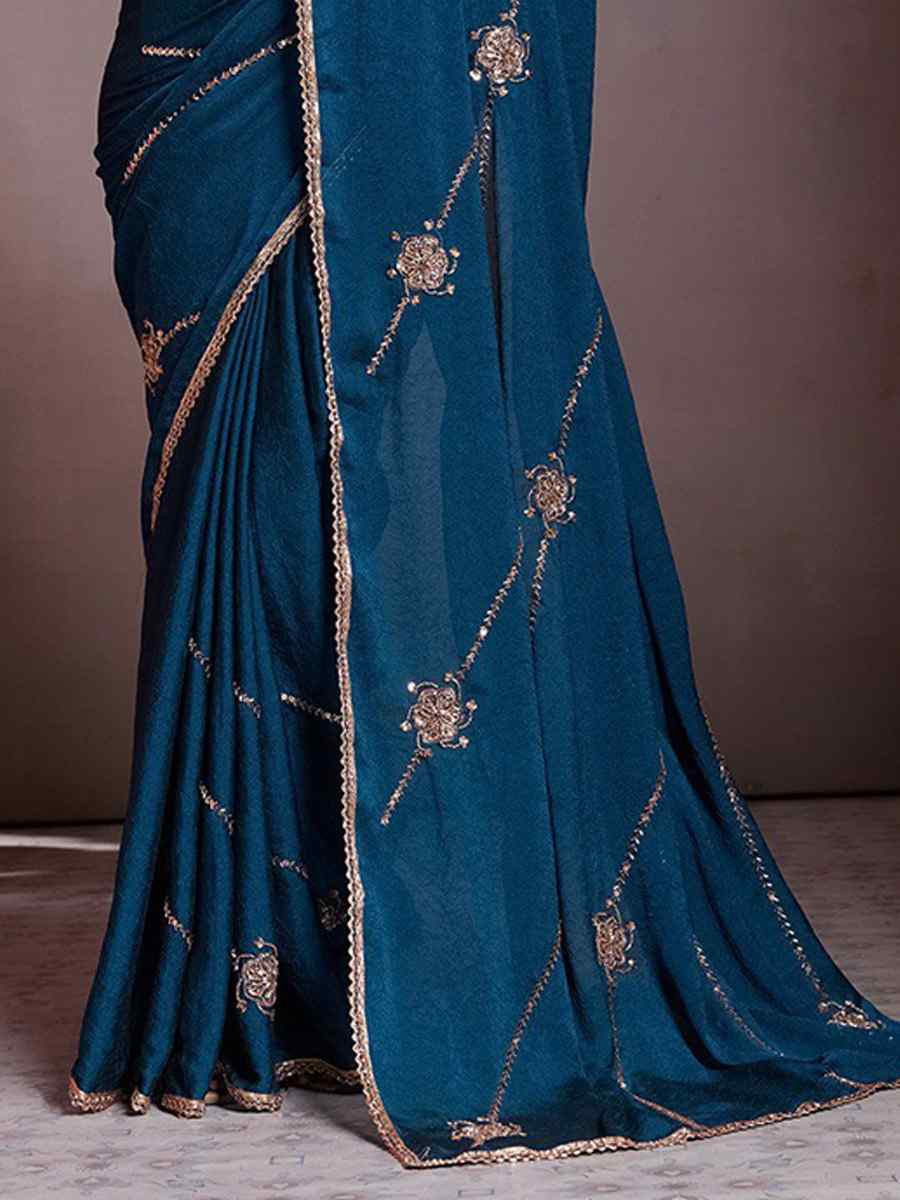 Blue Crush Silk Embroidery Casual Festival Wedding Party Fancy Classic Style Sarees