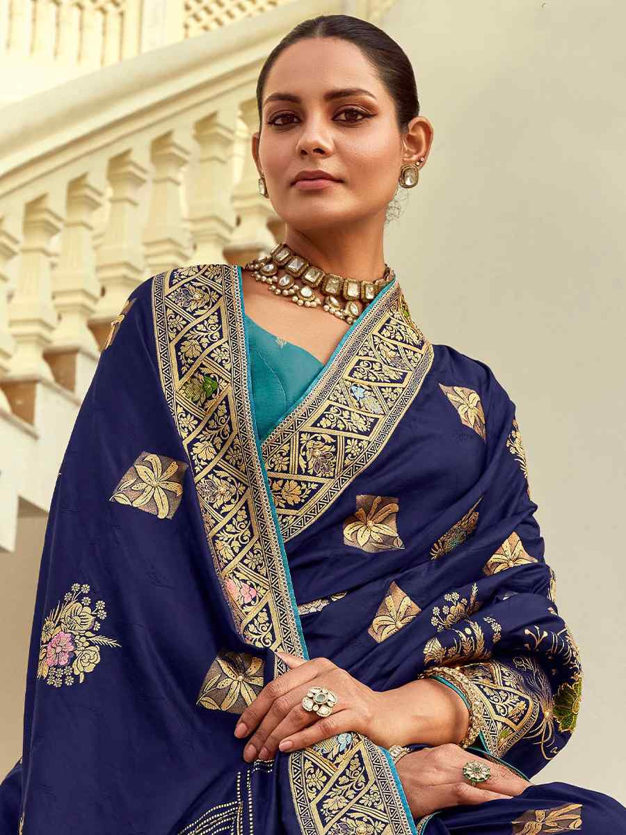 Blue Dola Silk Handwoven With Handwork Festival Wedding Fancy Heavy Border Saree
