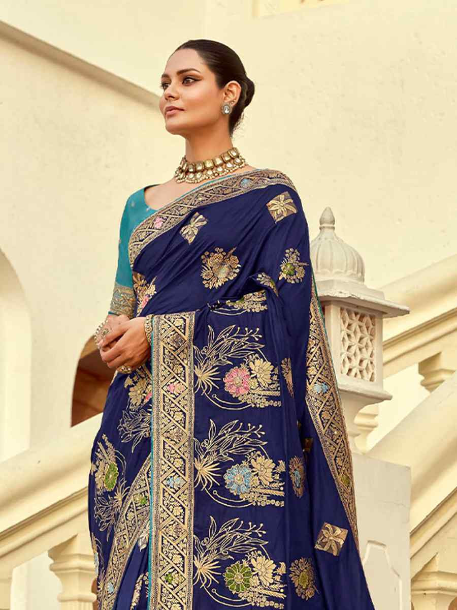 Blue Dola Silk Handwoven With Handwork Festival Wedding Fancy Heavy Border Saree
