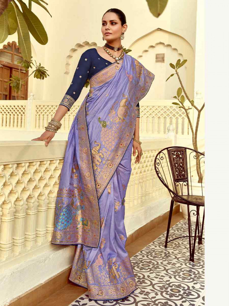 Blue Dola Silk Handwoven With Handwork Festival Wedding Fancy Heavy Border Saree