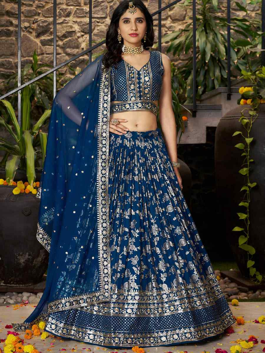 Blue Dola Silk Jacquard Embroidered Reception Wedding Bridal Lehenga Choli