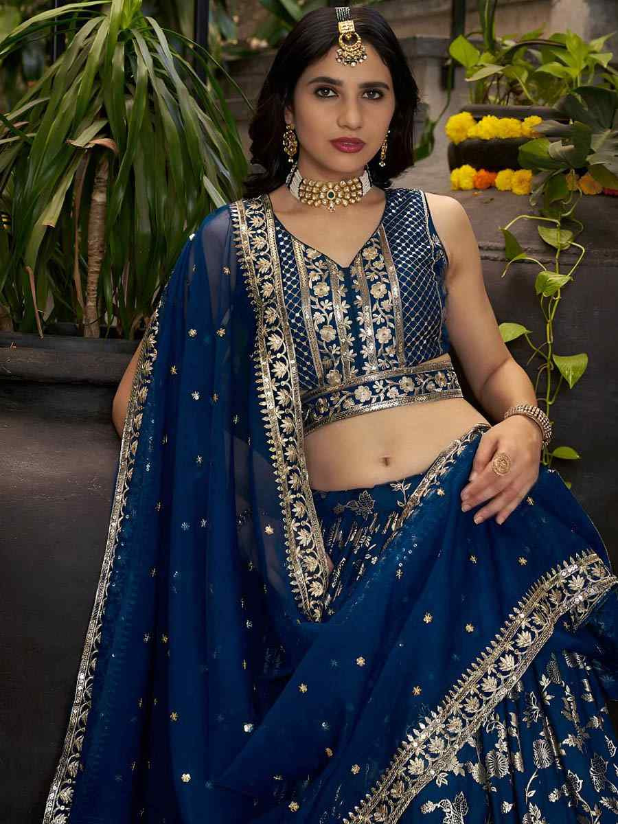 Blue Dola Silk Jacquard Embroidered Reception Wedding Bridal Lehenga Choli