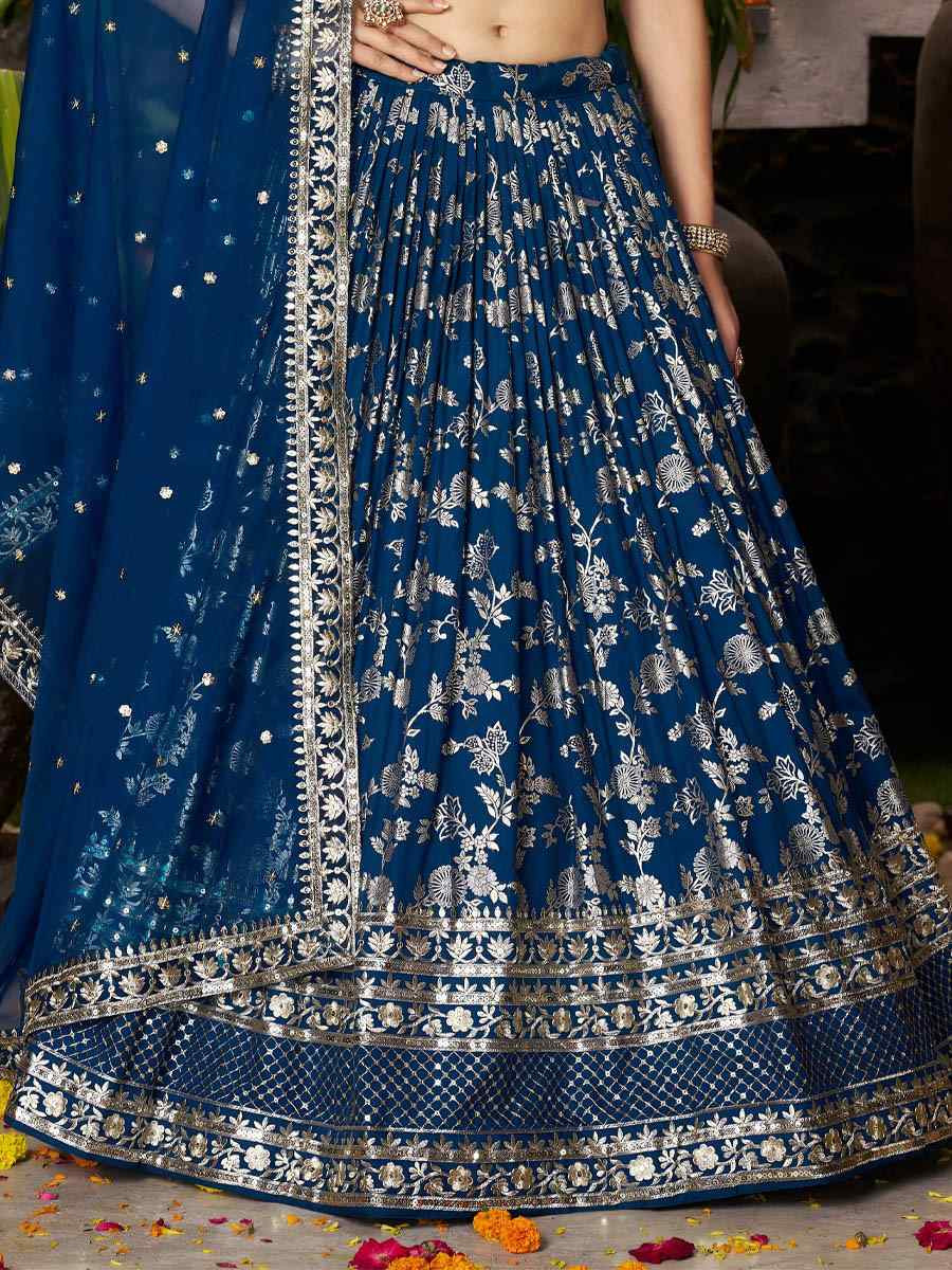 Blue Dola Silk Jacquard Embroidered Reception Wedding Bridal Lehenga Choli