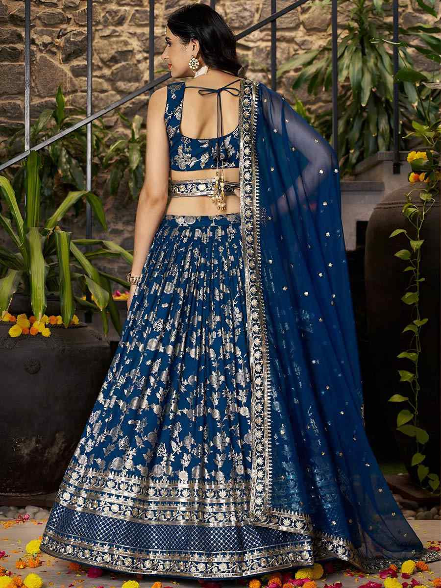 Blue Dola Silk Jacquard Embroidered Reception Wedding Bridal Lehenga Choli