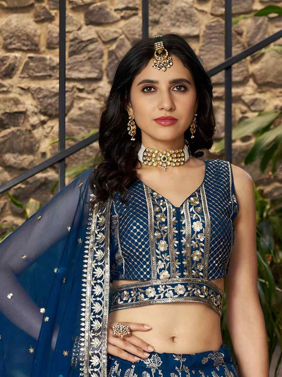 Blue Dola Silk Jacquard Embroidered Reception Wedding Bridal Lehenga Choli