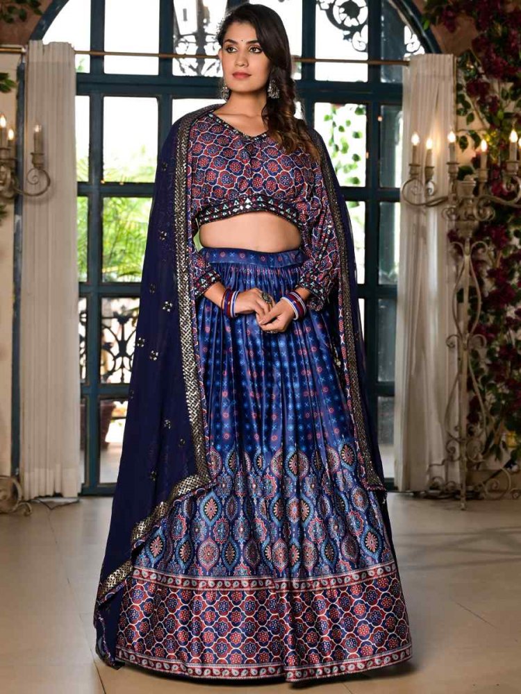 Blue Dull Satin Embroidered Mehendi Wedding Heavy Border Lehenga Choli