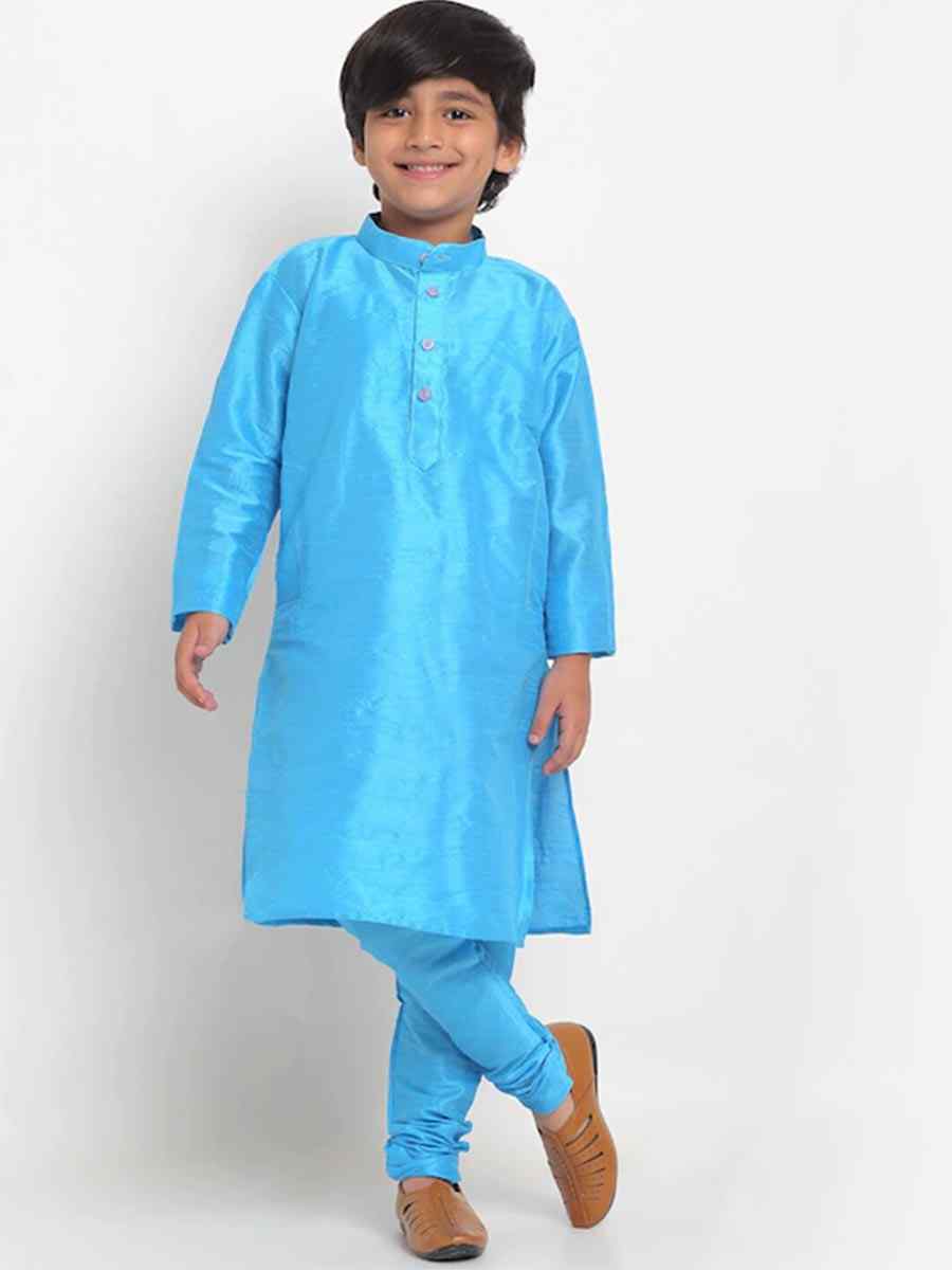 Blue Dupion Silk Brocade Festival Traditional Kurta Pyjama Boys Wear