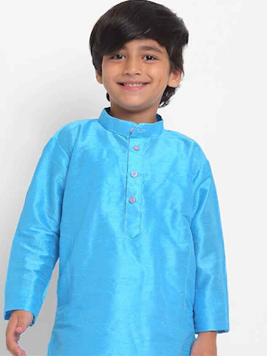 Blue Dupion Silk Brocade Festival Traditional Kurta Pyjama Boys Wear