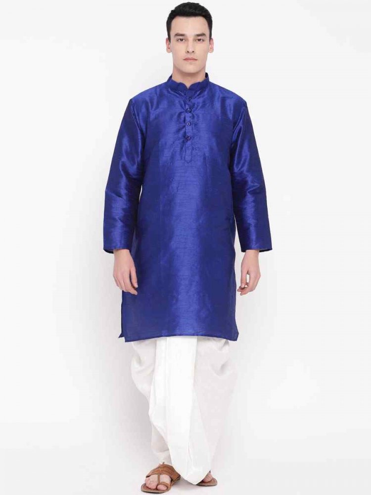 Blue Dupion Silk Woven Festival Wedding Kurta
