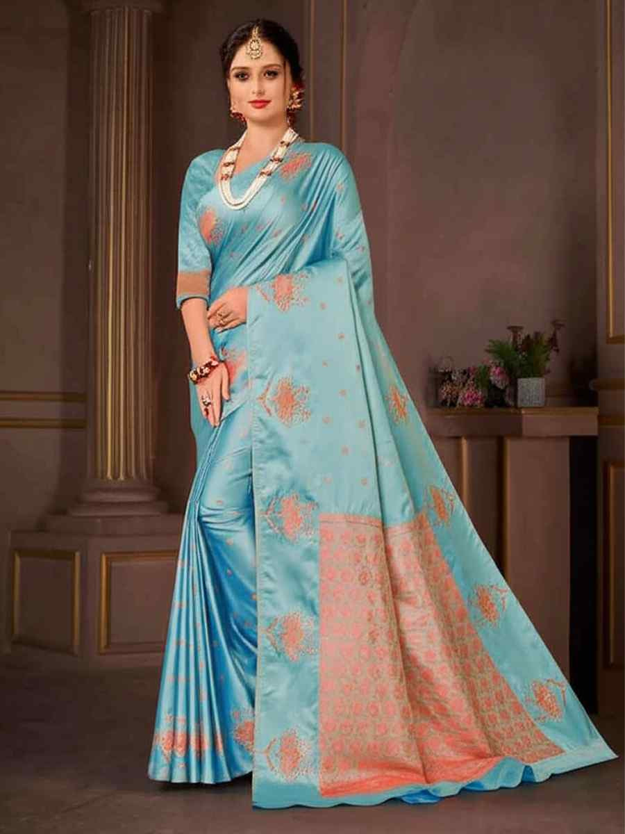 Blue Dyed Silk Handwoven Traditional Bridal Reception Festival Wedding Fancy Heavy Border Saree
