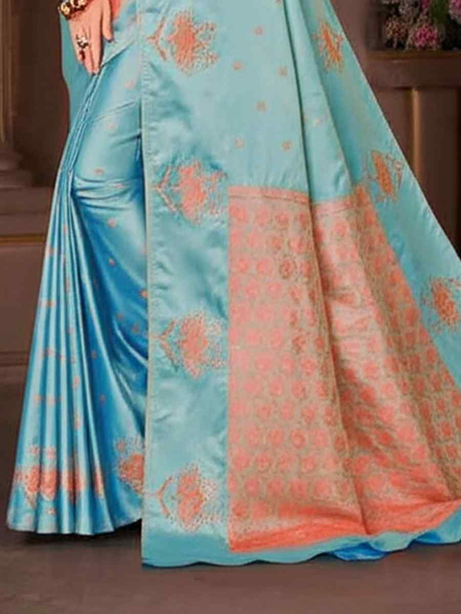 Blue Dyed Silk Handwoven Traditional Bridal Reception Festival Wedding Fancy Heavy Border Saree