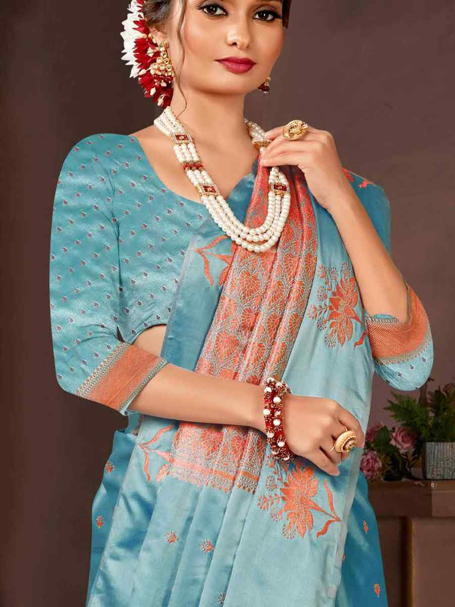 Blue Dyed Silk Handwoven Traditional Bridal Reception Festival Wedding Fancy Heavy Border Saree