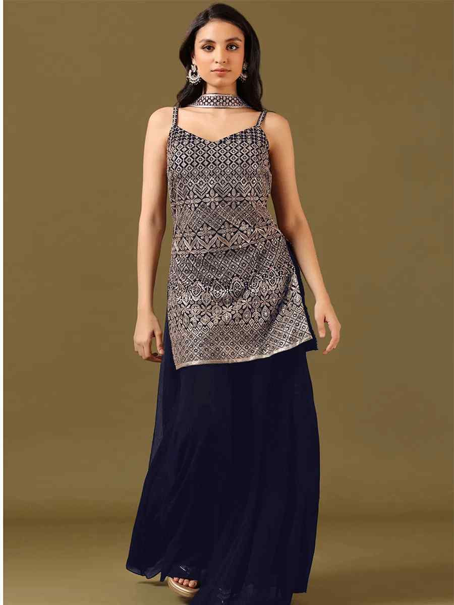 Blue Embroidered Fastive Wedding Ready Palazzo Pant Salwar Kameez
