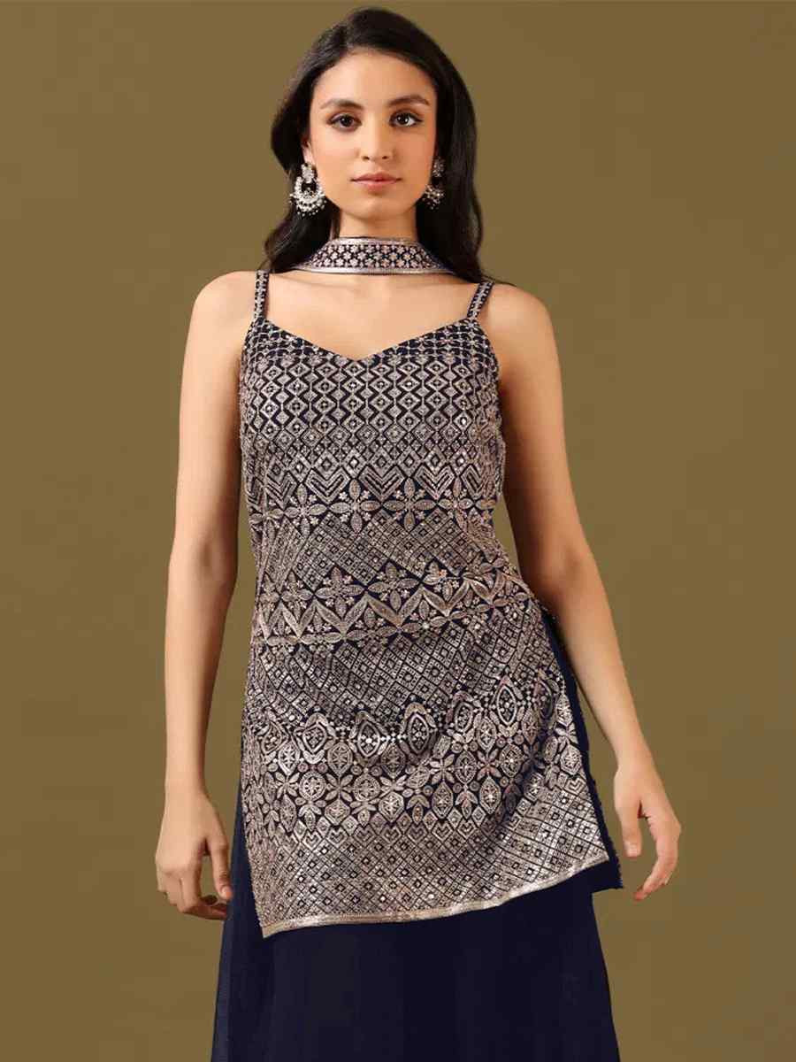 Blue Embroidered Fastive Wedding Ready Palazzo Pant Salwar Kameez