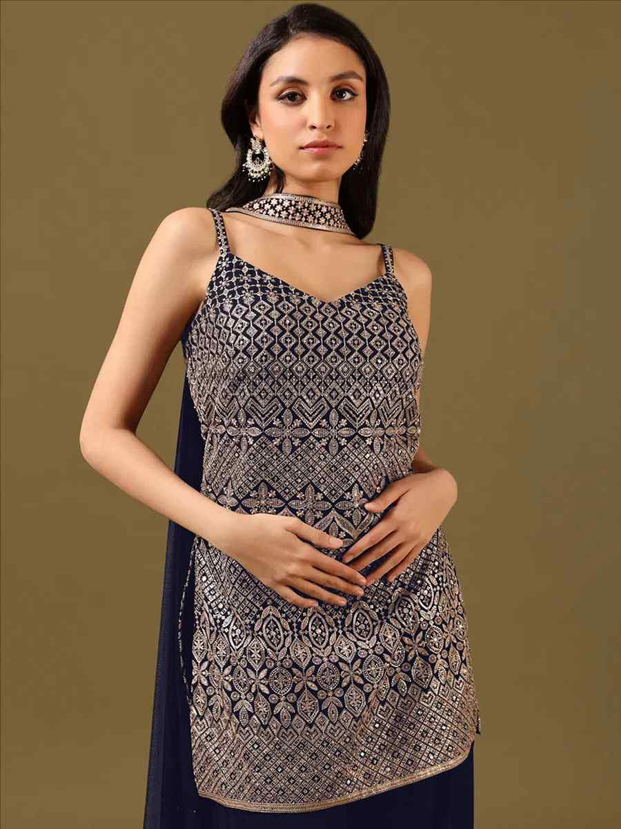 Blue Embroidered Fastive Wedding Ready Palazzo Pant Salwar Kameez