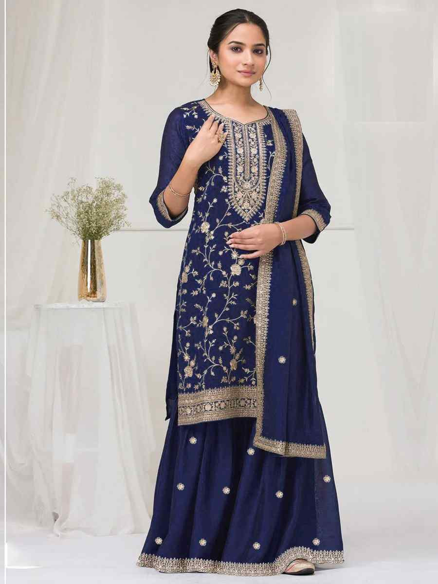 Blue Fancy Blooming Vichitra Silk Embroidered Festival Wedding Palazzo Pant Salwar Kameez