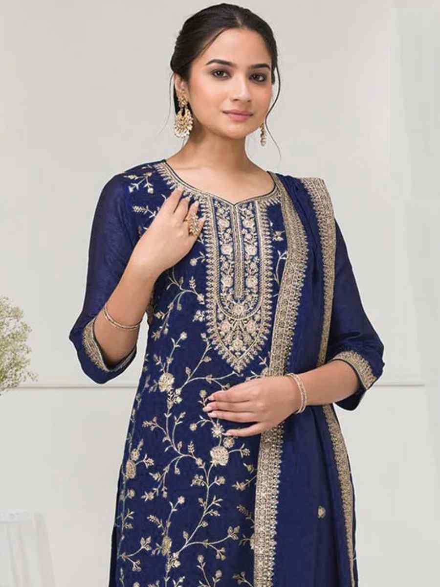 Blue Fancy Blooming Vichitra Silk Embroidered Festival Wedding Palazzo Pant Salwar Kameez