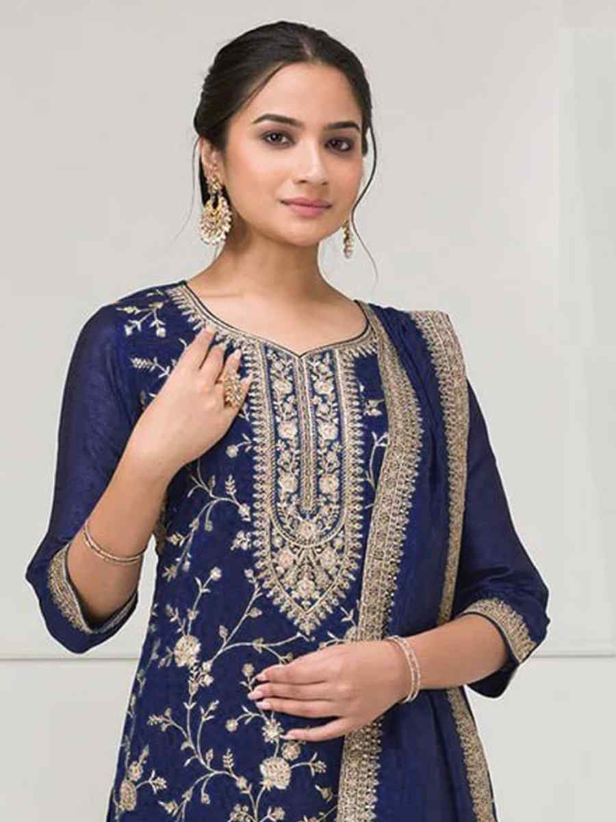 Blue Fancy Blooming Vichitra Silk Embroidered Festival Wedding Palazzo Pant Salwar Kameez