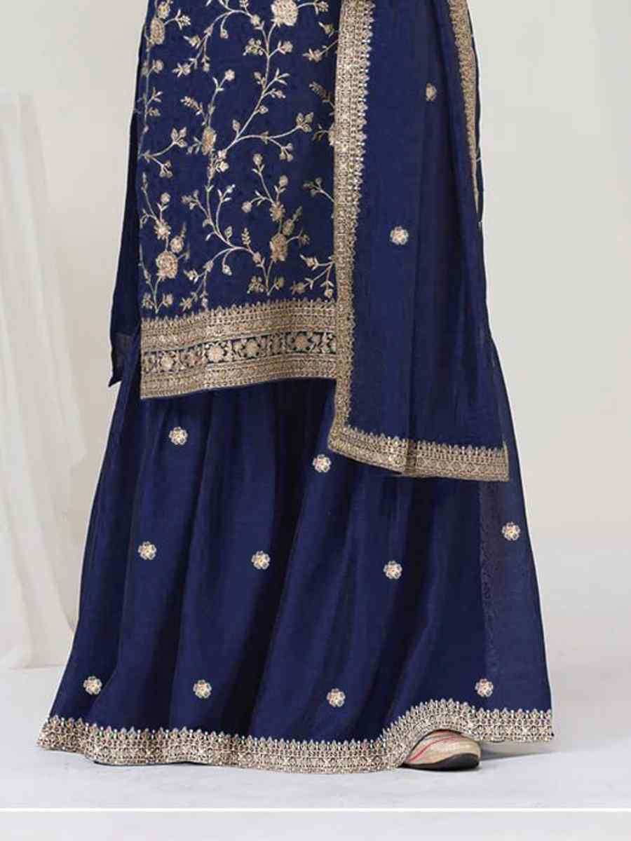 Blue Fancy Blooming Vichitra Silk Embroidered Festival Wedding Palazzo Pant Salwar Kameez
