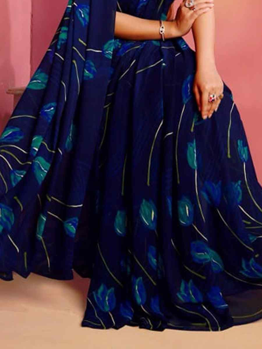 Blue Fancy Georgette Printed Festival Wedding Fancy Heavy Border Saree