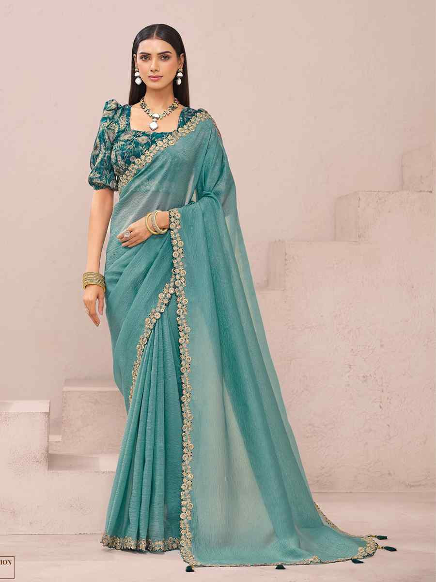 Blue Fancy Silk Plain Party Bridal Reception Festival Wedding Fancy Heavy Border Saree