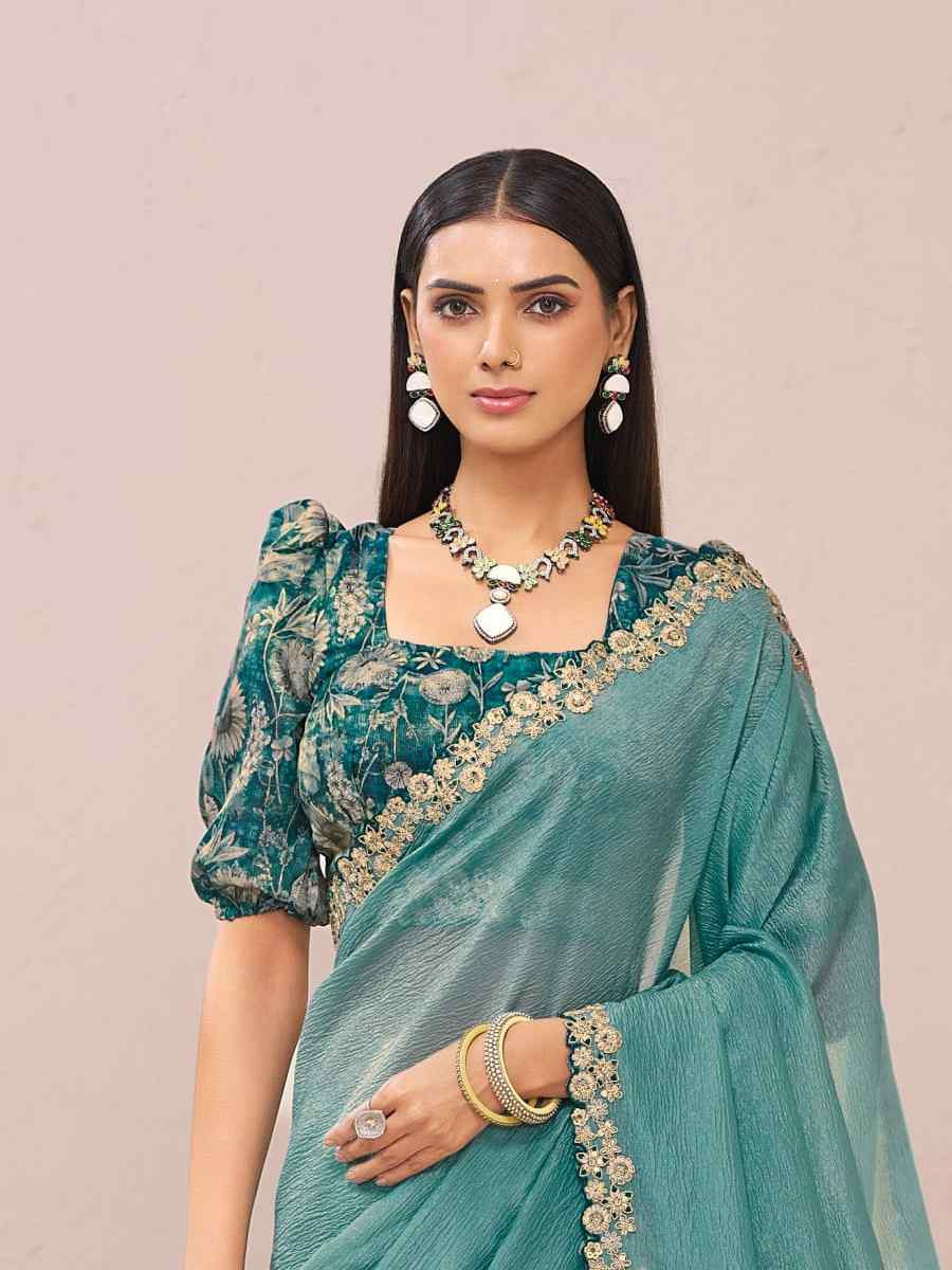 Blue Fancy Silk Plain Party Bridal Reception Festival Wedding Fancy Heavy Border Saree