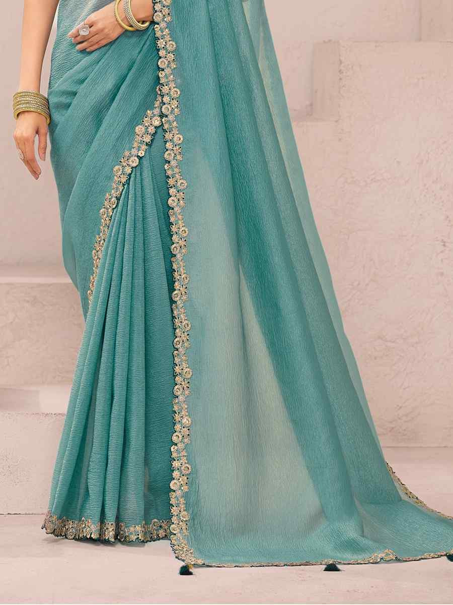 Blue Fancy Silk Plain Party Bridal Reception Festival Wedding Fancy Heavy Border Saree